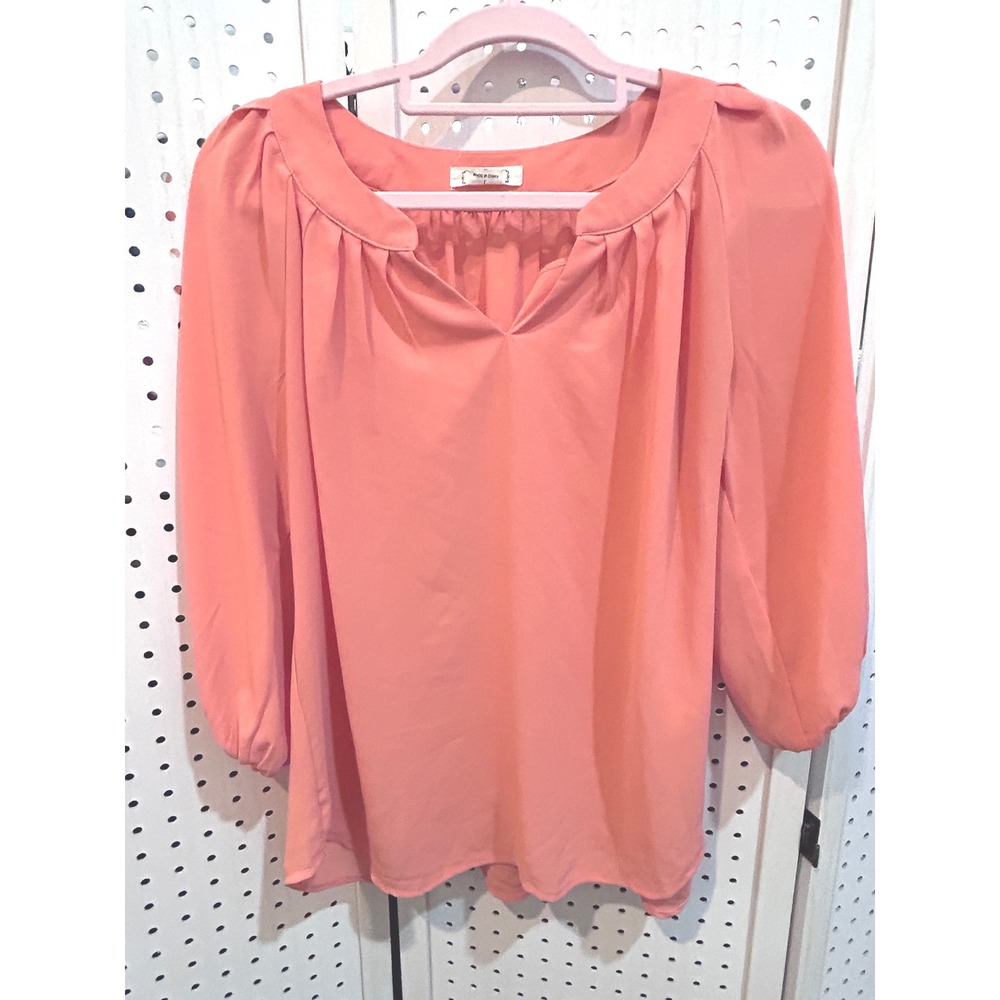 Ezra Coral Peach Flowy Dolman Sleeve V Neck Blouse Top Size L